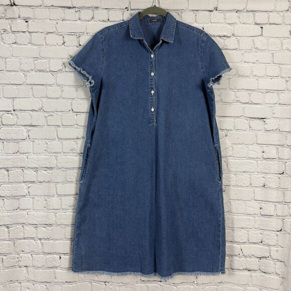 J McLaughlin Jones Denim Shift Dress Blue Raw Fringe Hem Trim Casual - Picture 4 of 12